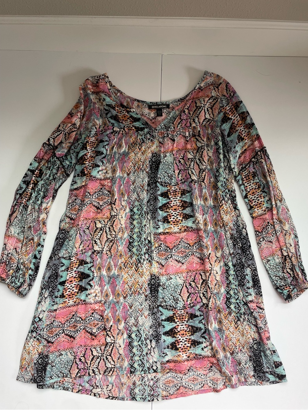 Billabong Pink Mint Black Cream Patchwork Print Tunic